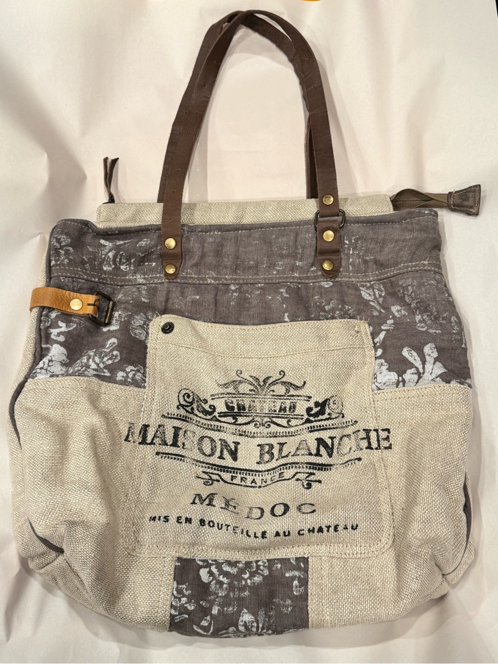 Myra Bag "Maison Blanche" Upcycled Linen Canvas Tote Purse W/ Leather Handles